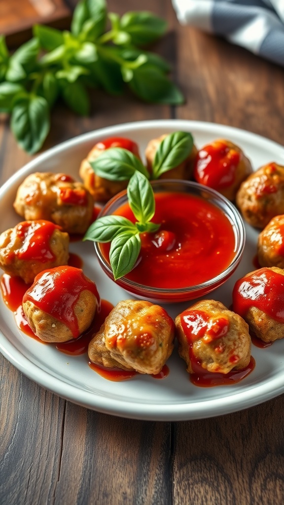 Delicious baked meatballs with marinara sauce and basil on a rustic wooden table.